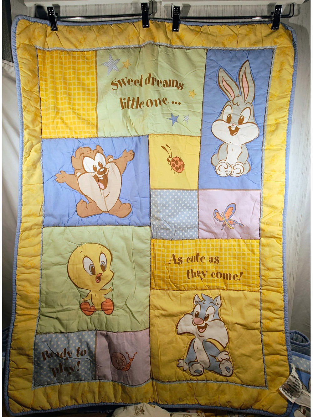 90S tiny Looney Tunes Baby Crib Bedding Set Tweety & Bugs Bunny Blue